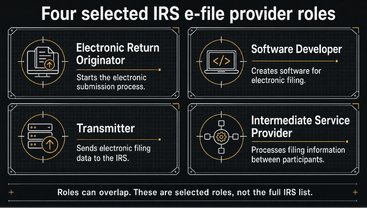 Four of the e-file roles, selected from a longer IRS list. Roles may overlap, and registration does not prove that all processing is in-house. Source: IRS Publication 3112.